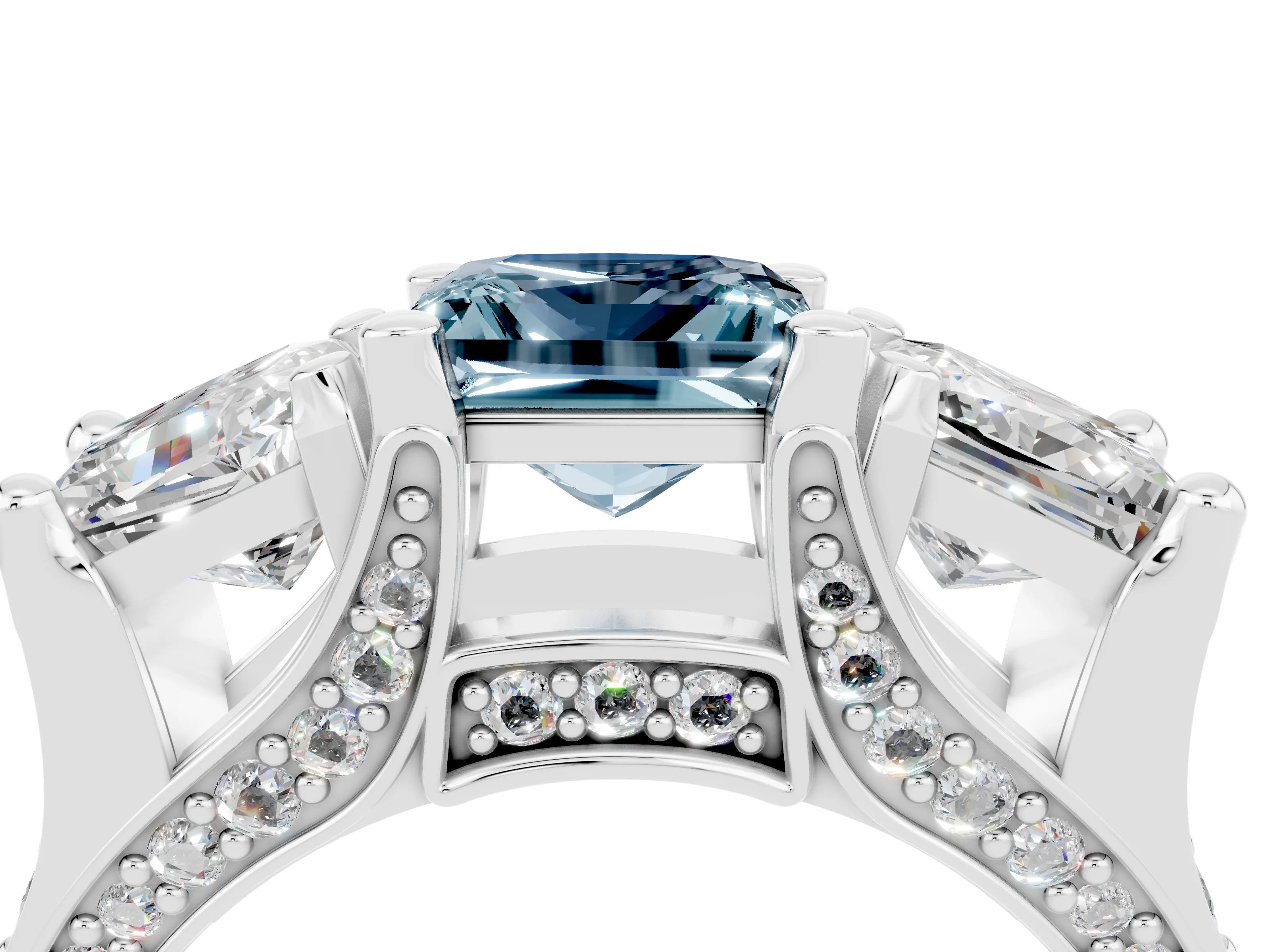 White gold Princess Cut Aquamarine Three-Stone Ring with Channel Set Band and Four-Prong Setting_4