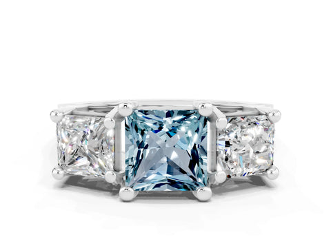 White gold Princess Cut Aquamarine Three-Stone Ring with Channel Set Band and Four-Prong Setting
