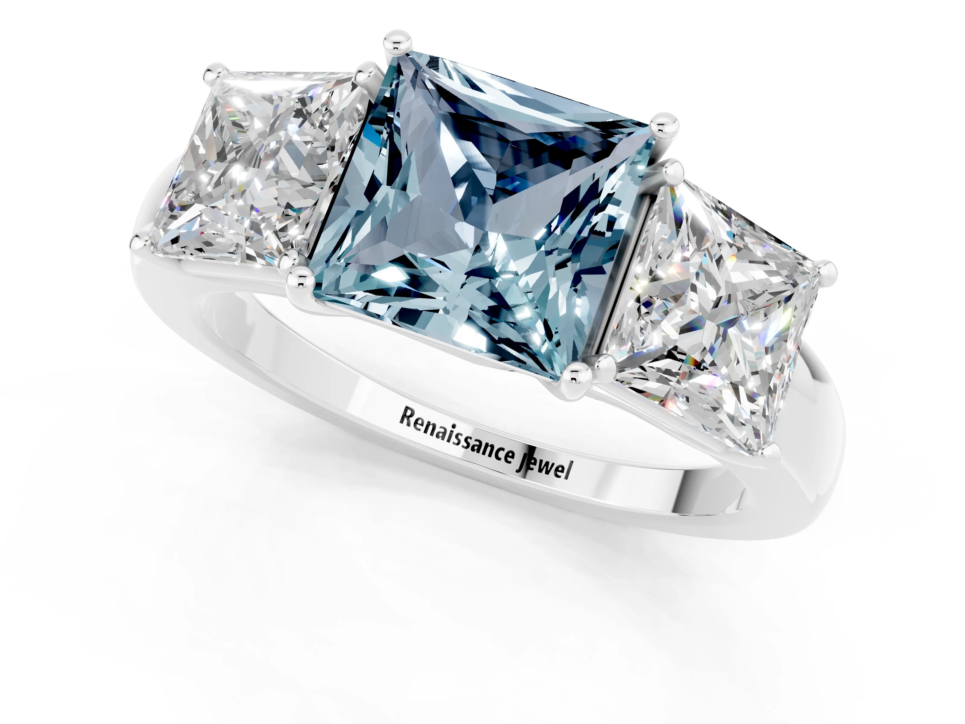 White gold Princess Cut Aquamarine Three-Stone Ring with Four-Prong Setting and Classic Band_1
