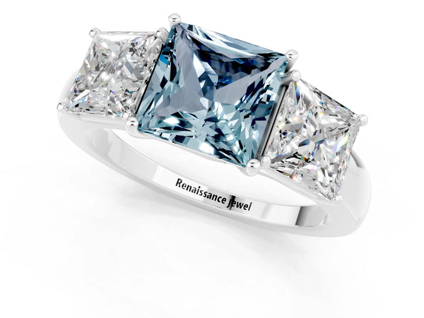 Silver Aquamarine Three-Stone Ring with Four-Prong Setting and Classic Band