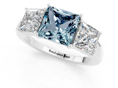 White gold Princess Cut Aquamarine Three-Stone Ring with Four-Prong Setting and Classic Band_1