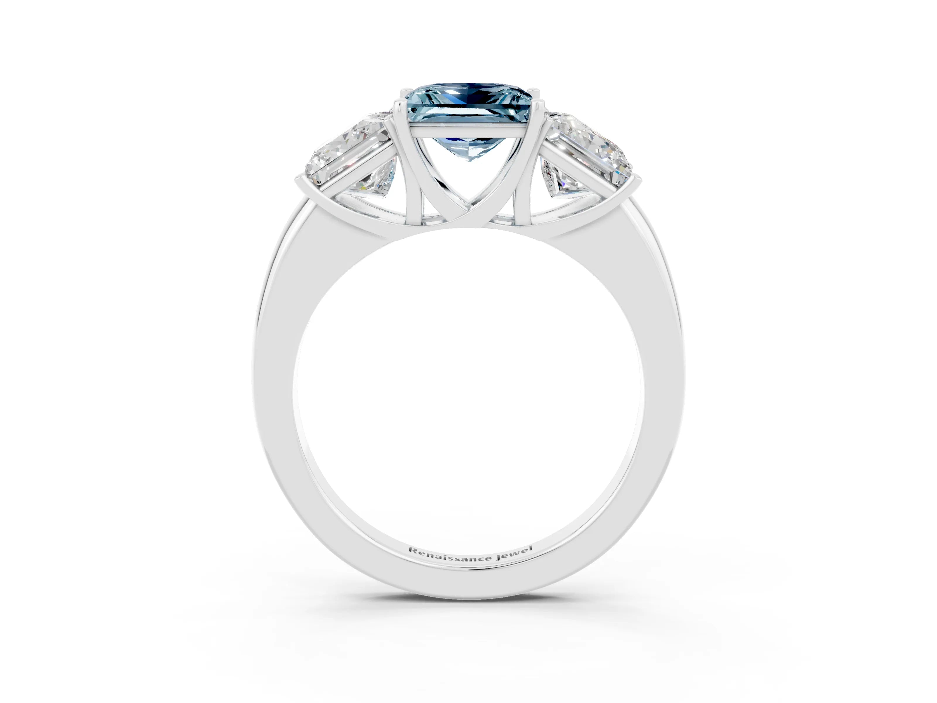 White gold Princess Cut Aquamarine Three-Stone Ring with Four-Prong Setting and Classic Band_3