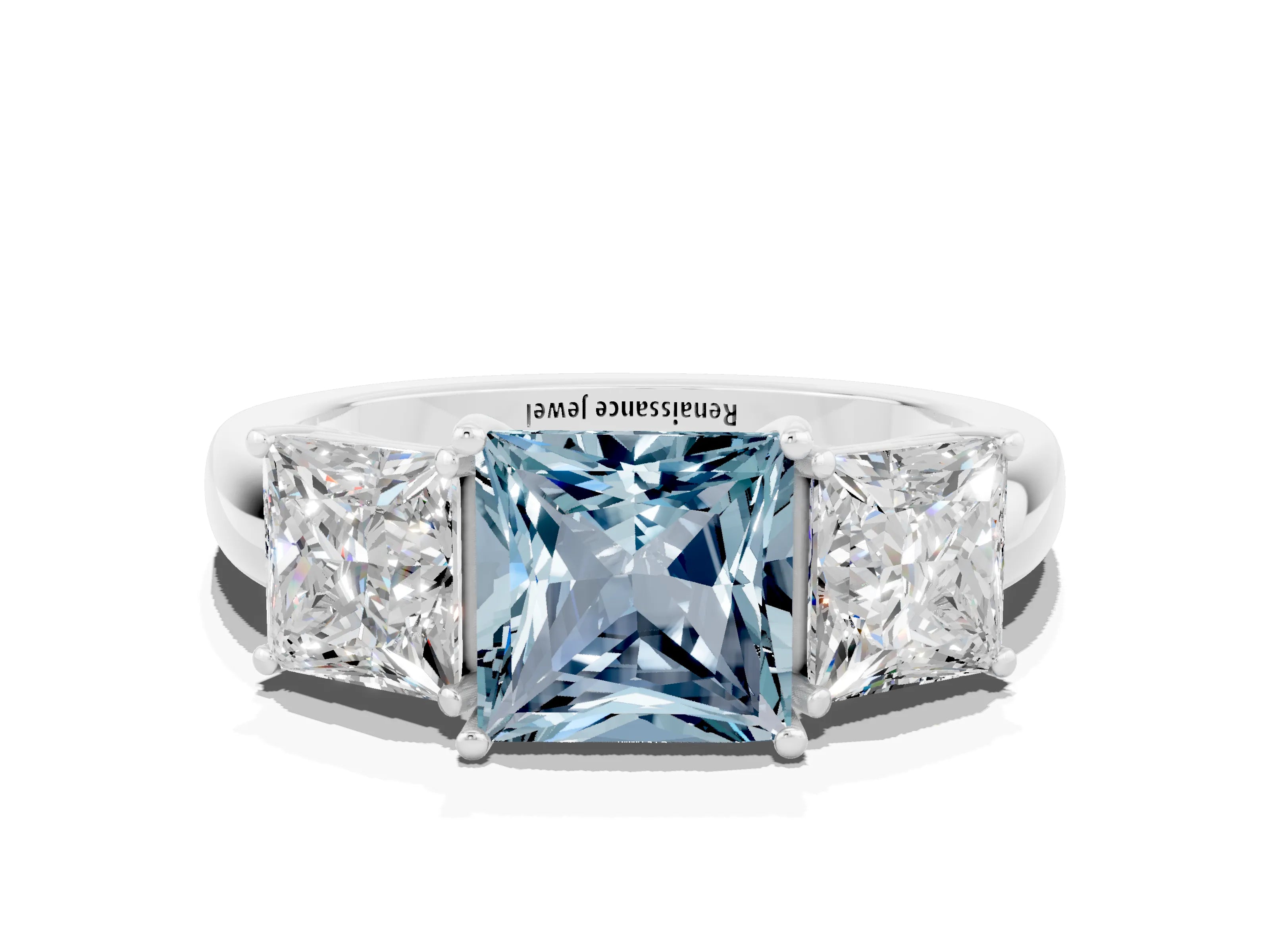 White gold Princess Cut Aquamarine Three-Stone Ring with Four-Prong Setting and Classic Band