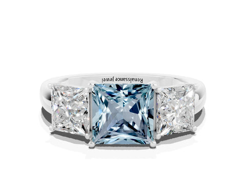 White gold Princess Cut Aquamarine Three-Stone Ring with Four-Prong Setting and Classic Band