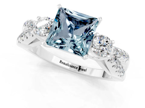 White gold Princess Cut Aquamarine Three-Stone Ring with Pavé Split Shank and Four-Prong Setting_1