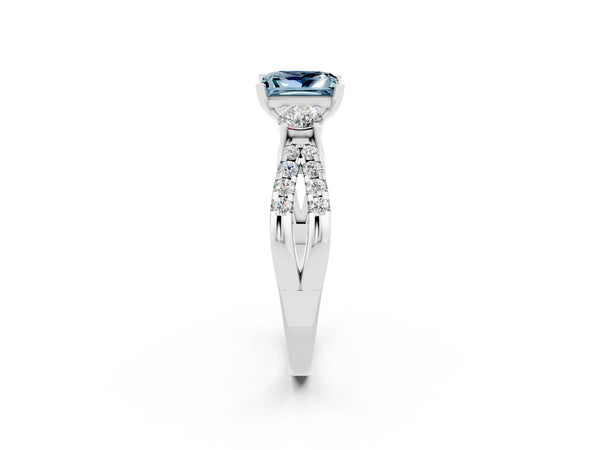 Platinum Princess Cut Aquamarine Three-Stone Ring with Pavé Split Shank and Four-Prong Setting