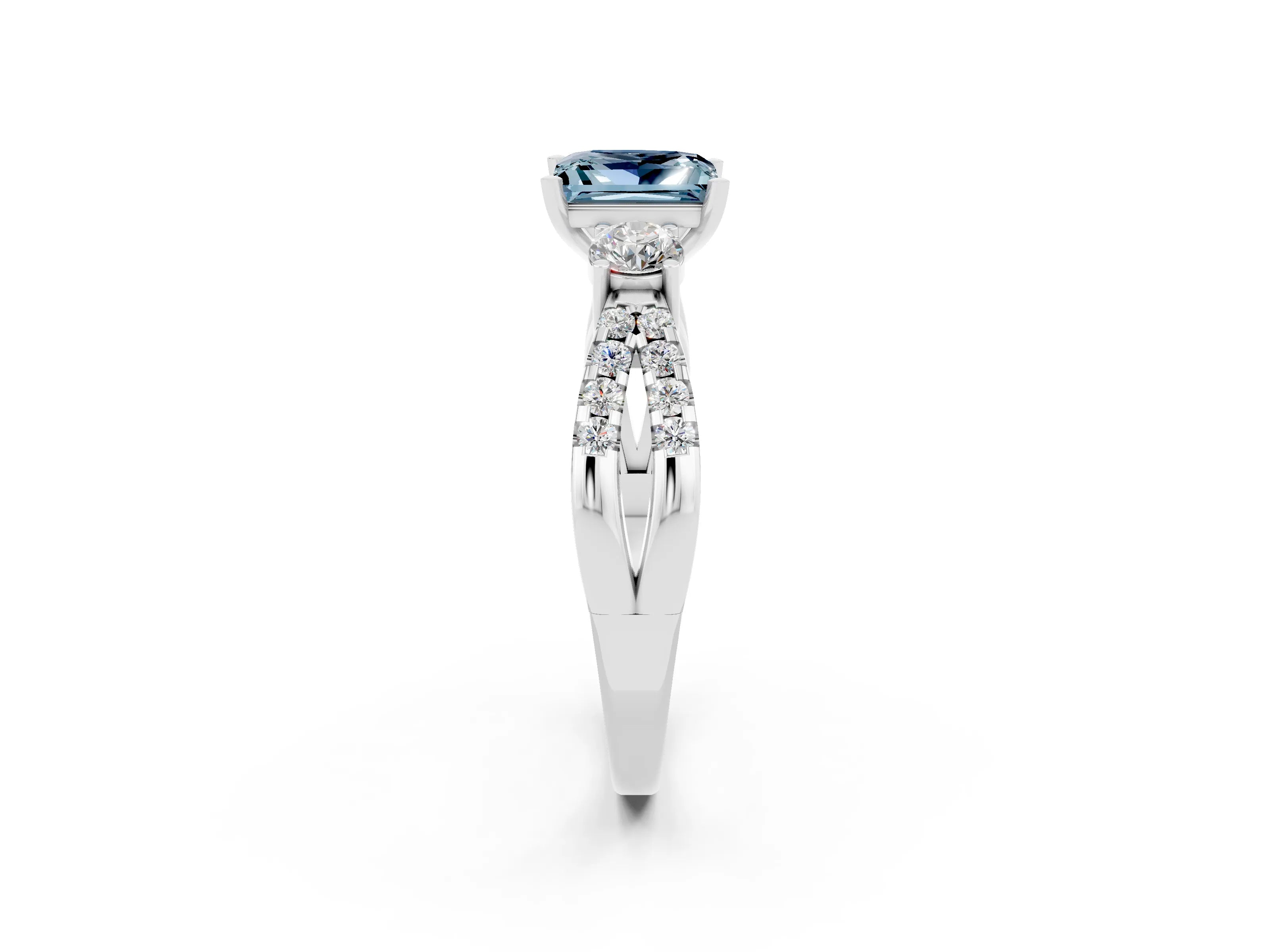 White gold Princess Cut Aquamarine Three-Stone Ring with Pavé Split Shank and Four-Prong Setting_2