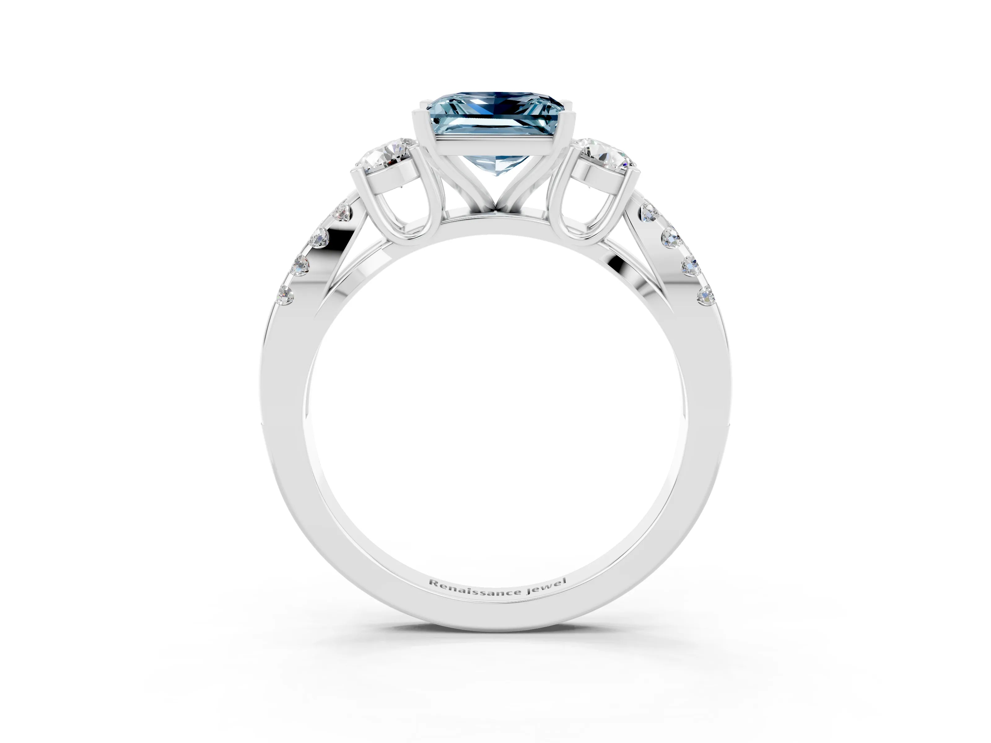 White gold Princess Cut Aquamarine Three-Stone Ring with Pavé Split Shank and Four-Prong Setting_3