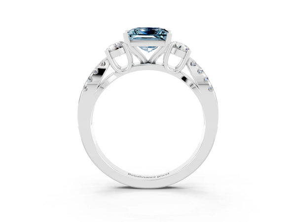 White gold Princess Cut Aquamarine Three-Stone Ring with Pavé Split Shank and Four-Prong Setting