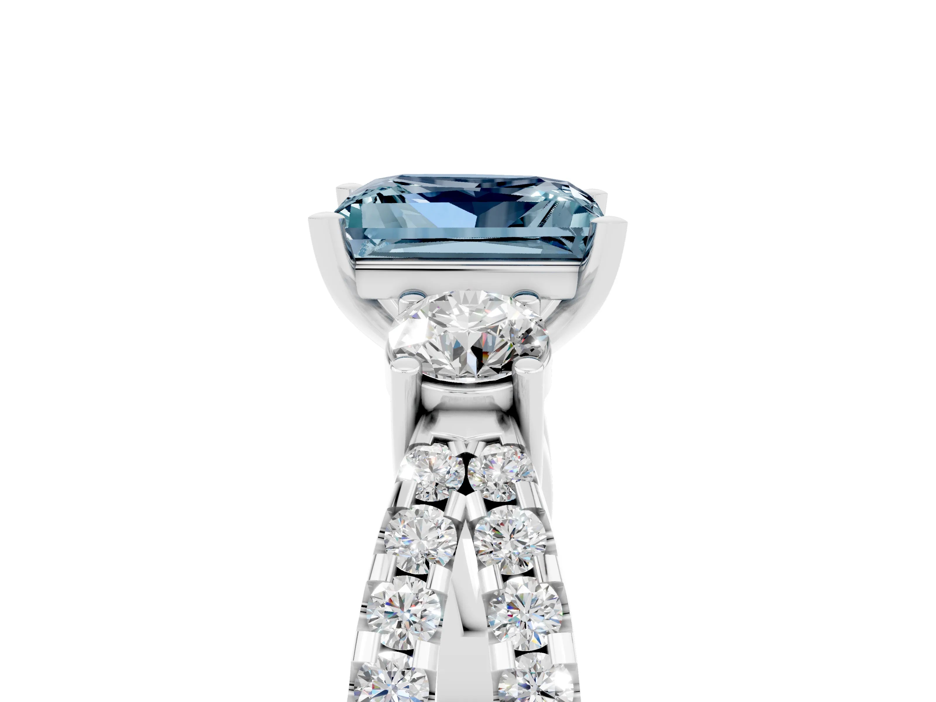 White gold Princess Cut Aquamarine Three-Stone Ring with Pavé Split Shank and Four-Prong Setting_5