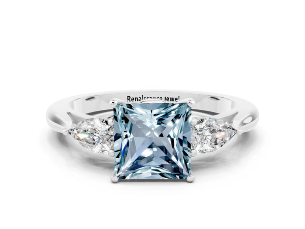 Platinum Princess Cut Aquamarine Three-Stone Ring with Pear  Side Stones and Prong Setting