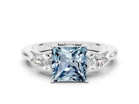 White gold Princess Cut Aquamarine Three-Stone Ring with Pear Side Stones and Four-Prong Setting_12