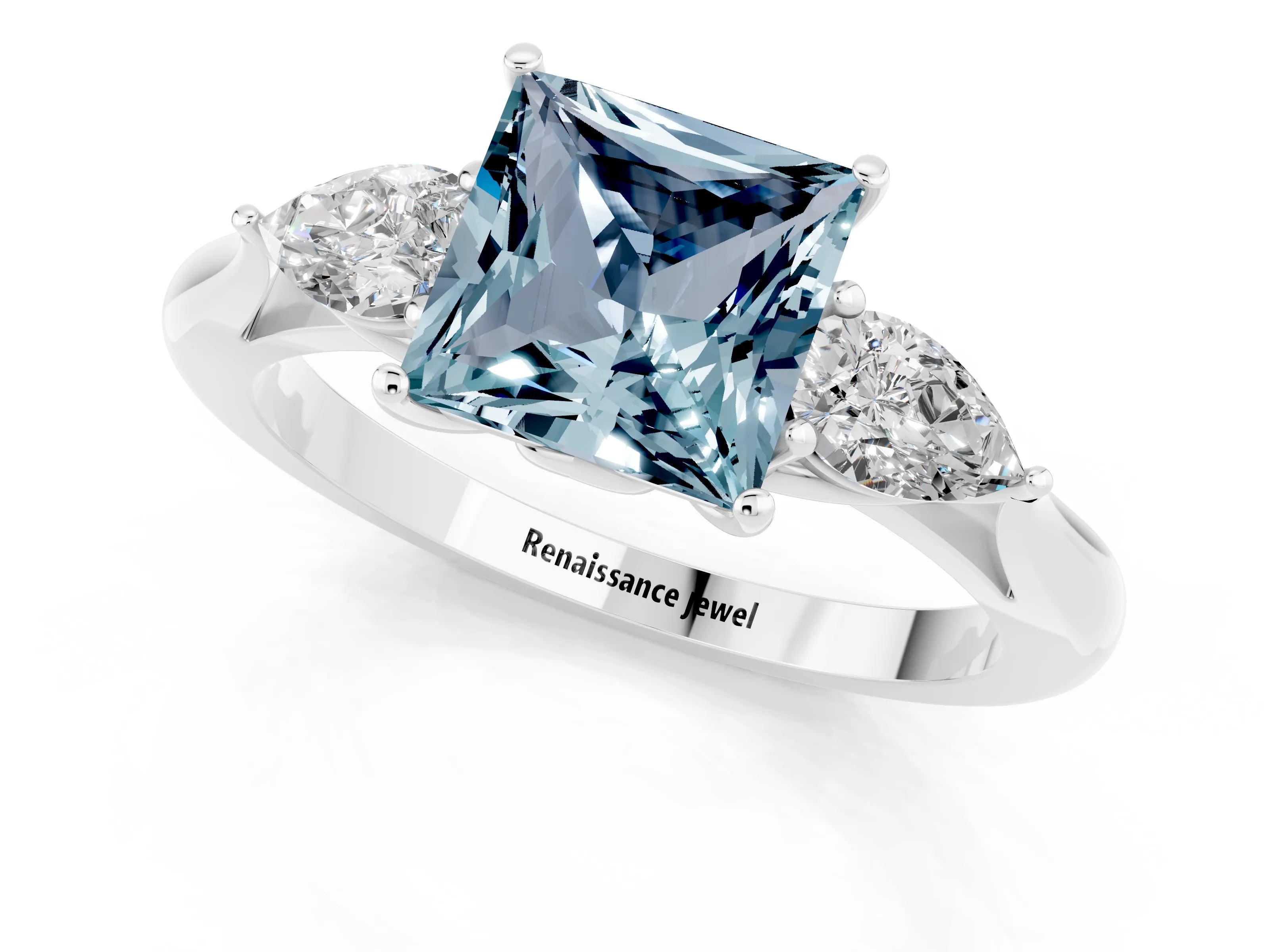 White gold Princess Cut Aquamarine Three-Stone Ring with Pear Side Stones and Four-Prong Setting_13