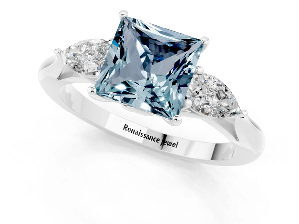 Silver Princess Cut Aquamarine Three-Stone Ring with Pear  Side Stones and Prong Setting