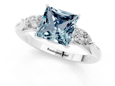 White gold Princess Cut Aquamarine Three-Stone Ring with Pear Side Stones and Four-Prong Setting_13