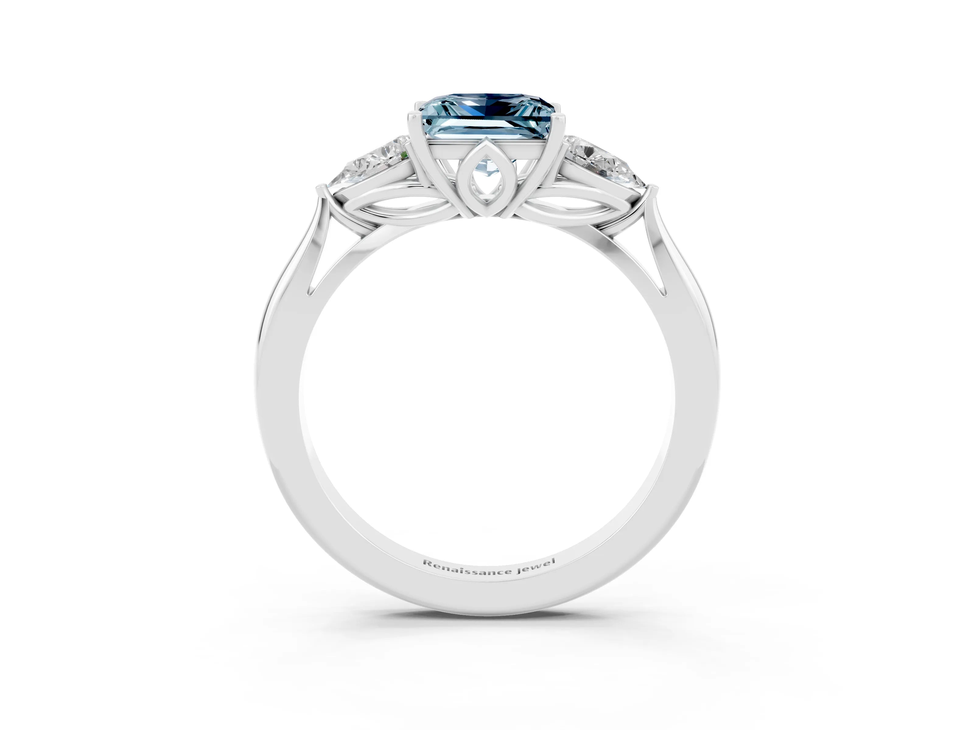 White gold Princess Cut Aquamarine Three-Stone Ring with Pear Side Stones and Four-Prong Setting_15