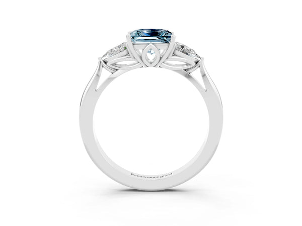White gold Princess Cut Aquamarine Three-Stone Ring with Pear  Side Stones and Prong Setting