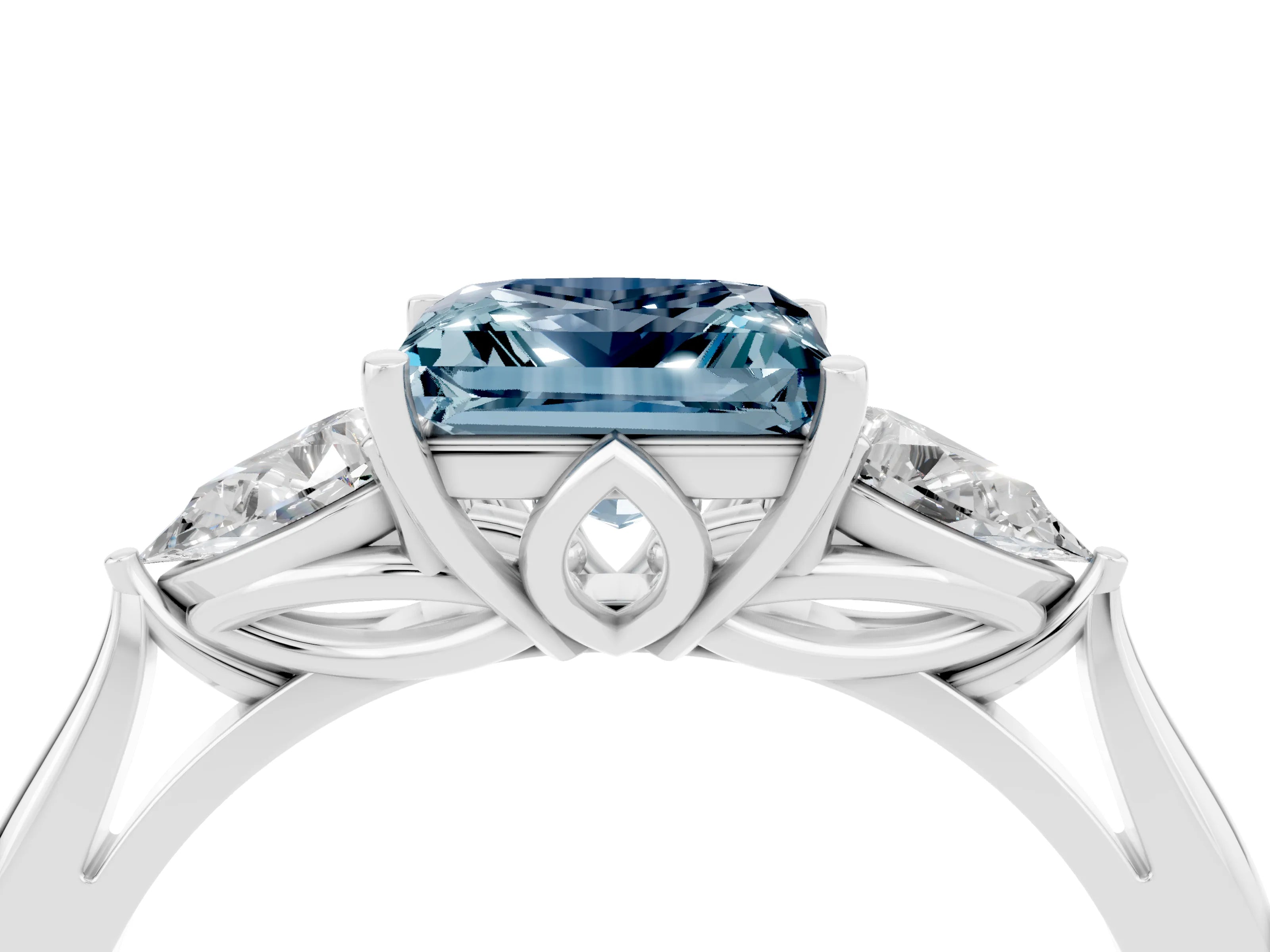 White gold Princess Cut Aquamarine Three-Stone Ring with Pear Side Stones and Four-Prong Setting_16