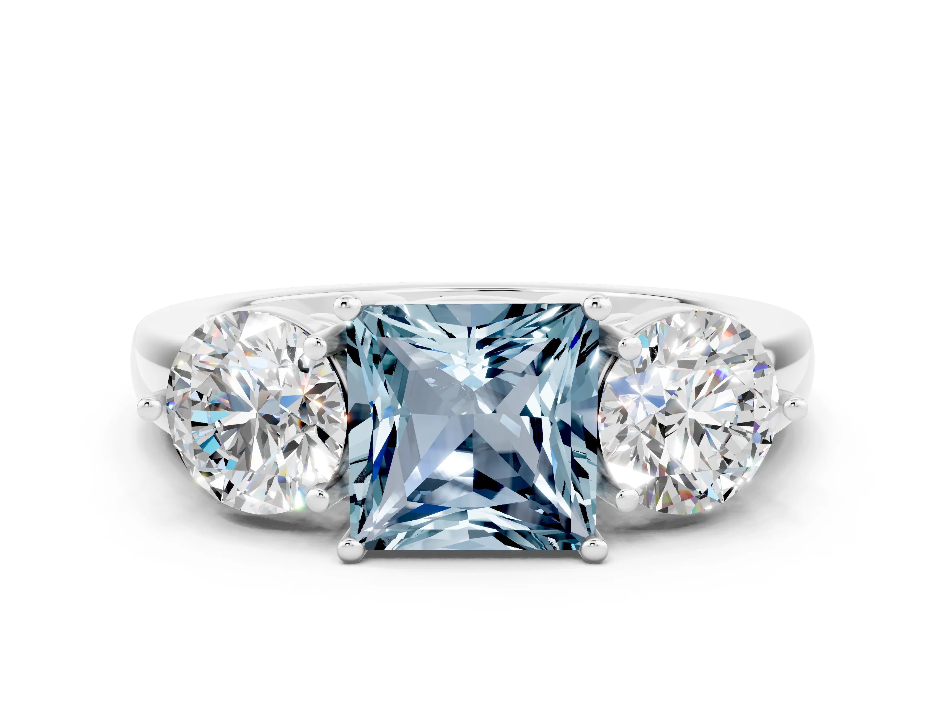 White gold Princess Cut Aquamarine Three-Stone Ring with Prong Setting and Classic Band