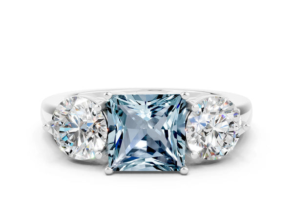 White gold Princess Cut Aquamarine Three-Stone Ring with Prong Setting and Classic Band