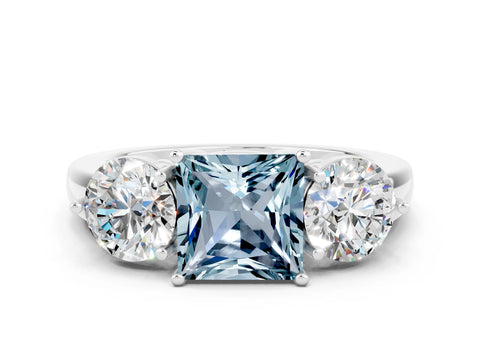 White gold Princess Cut Aquamarine Three-Stone Ring with Prong Setting and Classic Band