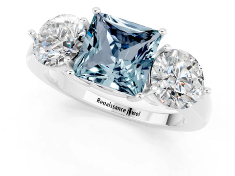 White gold Princess Cut Aquamarine Three-Stone Ring with Prong Setting and Classic Band_1