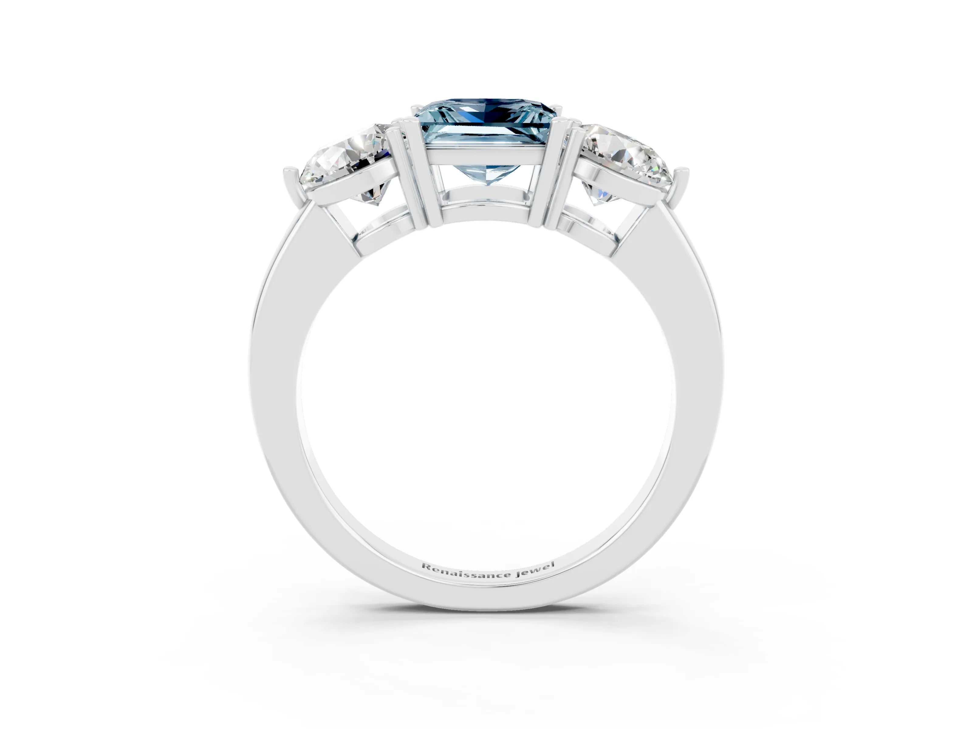 White gold Princess Cut Aquamarine Three-Stone Ring with Prong Setting and Classic Band_3