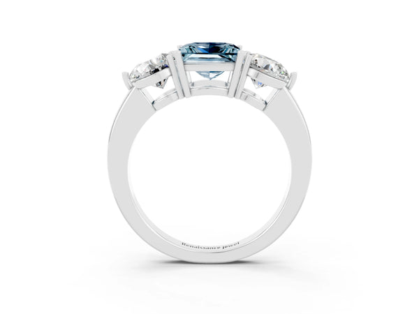 Silver Princess Cut Aquamarine Three-Stone Ring with Prong Setting and Classic Band