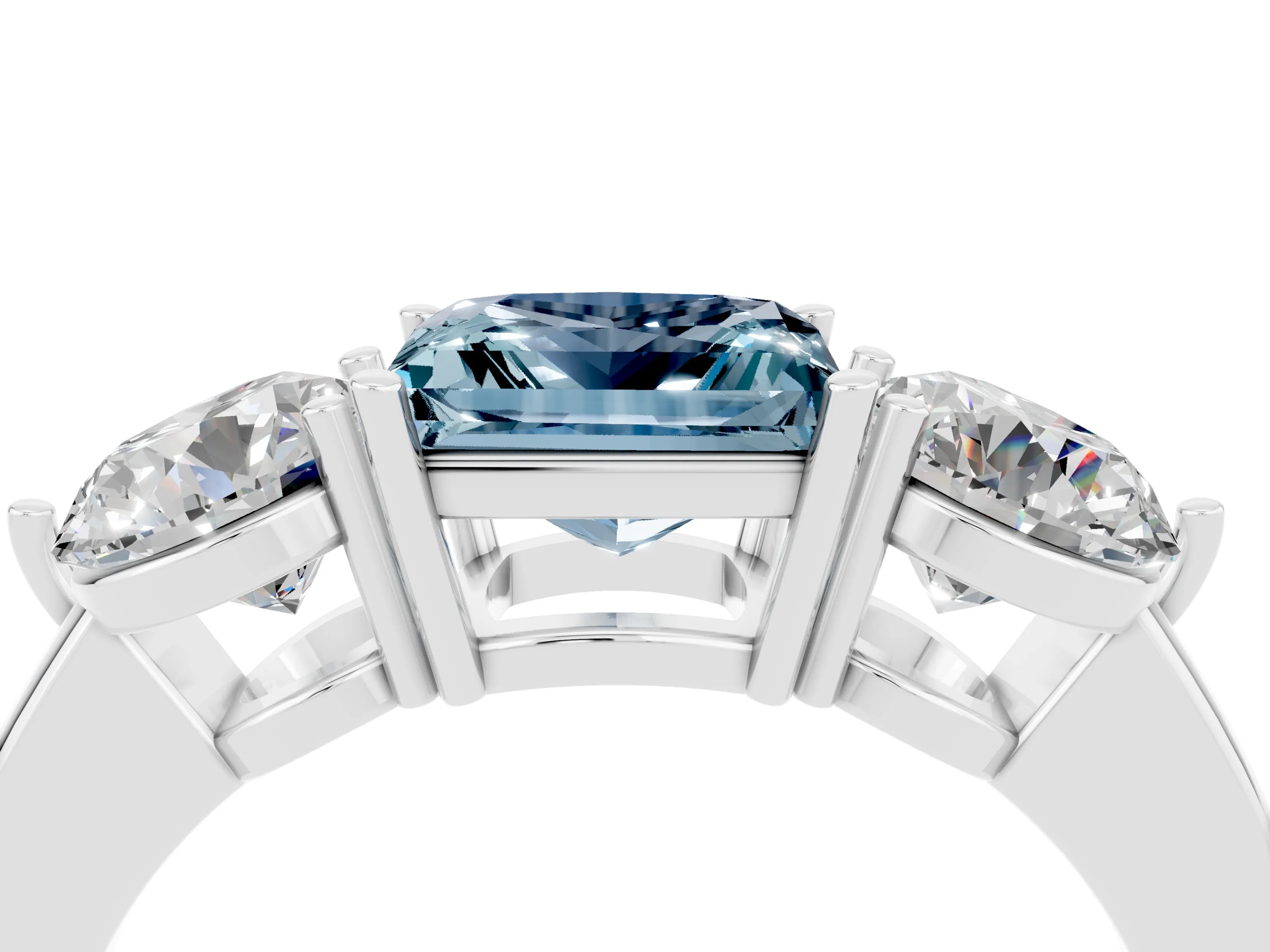 White gold Princess Cut Aquamarine Three-Stone Ring with Prong Setting and Classic Band_4