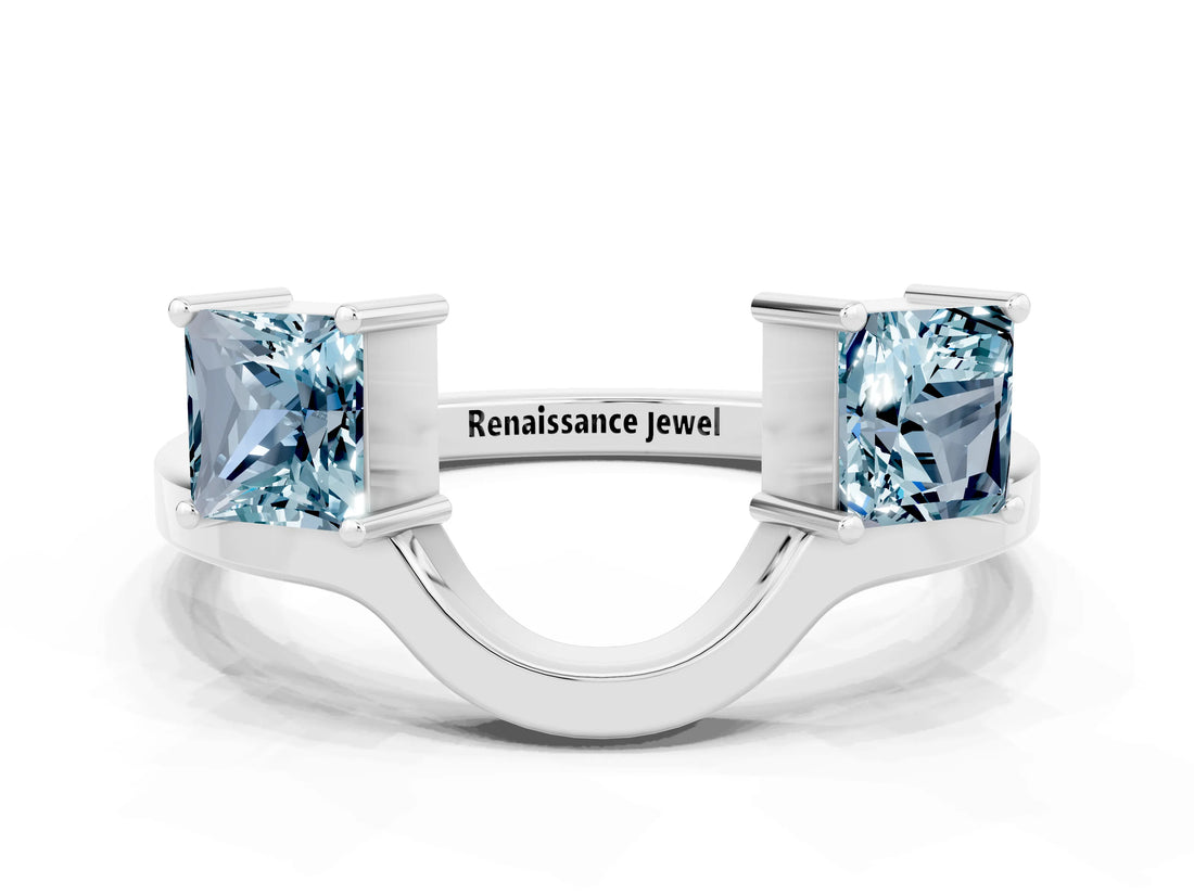 White gold Princess Cut Aquamarine Two-Stone Open Band Ring with Four-Prong Setting_6