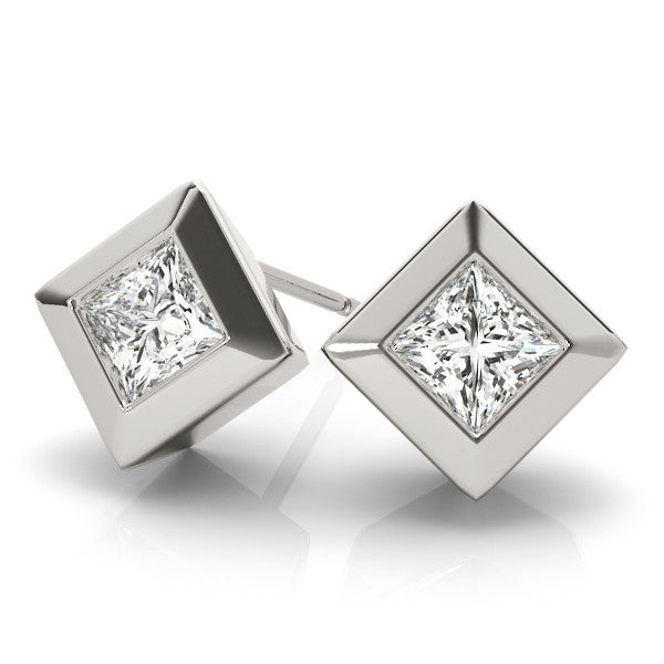 White gold Princess Cut Bezel Set Diamond Stud Earrings 1