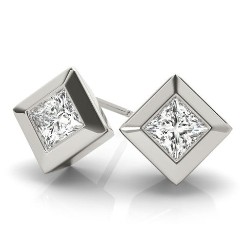 White gold Princess Cut Bezel Set Diamond Stud Earrings 1