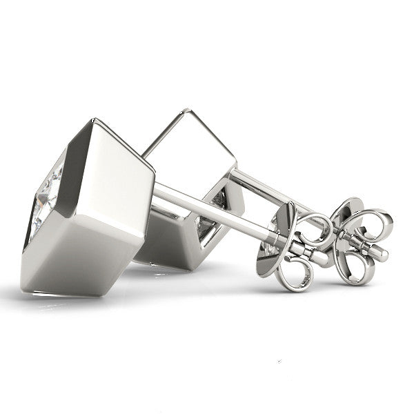 White gold Princess Cut Bezel Set Diamond Stud Earrings 2