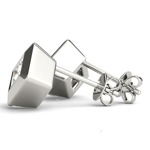 White gold Princess Cut Bezel Set Diamond Stud Earrings 2