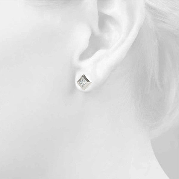 White gold Princess Cut Bezel Set Diamond Stud Earrings 4