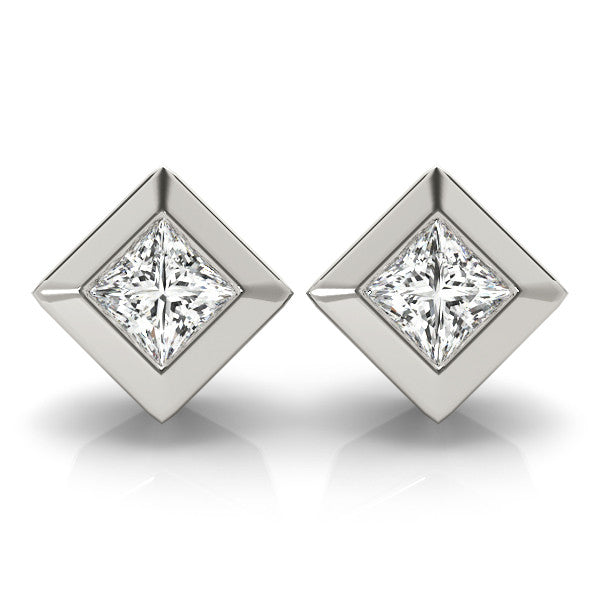 White gold Princess Cut Bezel Set Diamond Stud Earrings