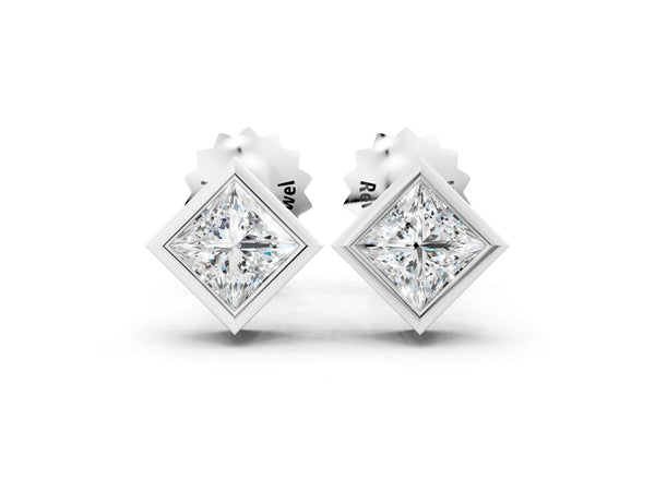 White gold Princess Cut Bezel Set Diamond Stud Earrings