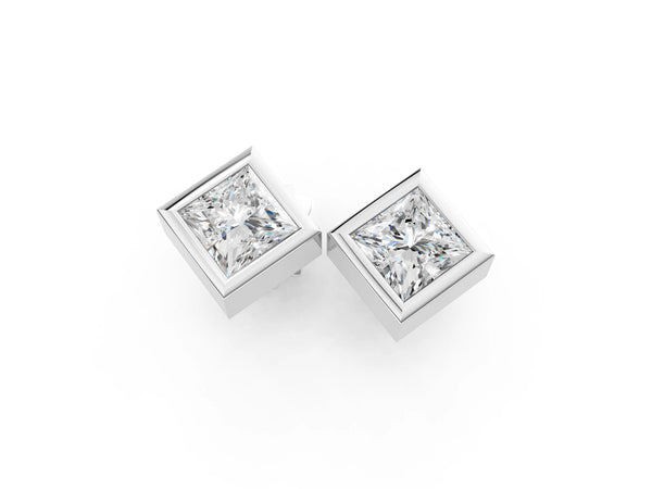 White gold Princess Cut Bezel Set Diamond Stud Earrings