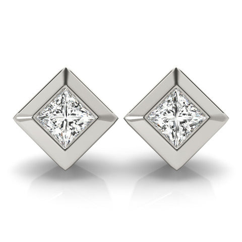 White gold Princess Cut Bezel Set Diamond Stud Earrings