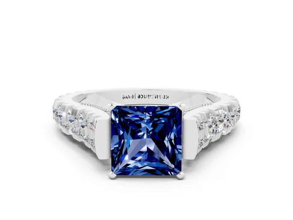 Platinum Princess Cut Blue Sapphire Classic Solitaire Ring with Pavé Band and Four-Prong Setting