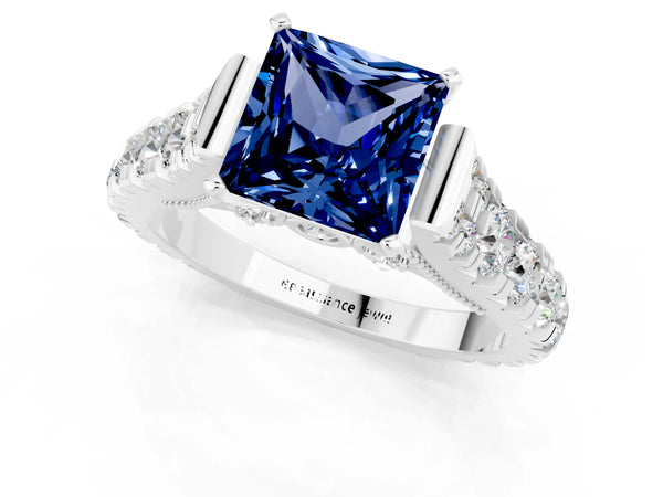 Platinum Princess Cut Blue Sapphire Classic Solitaire Ring with Pavé Band and Four-Prong Setting