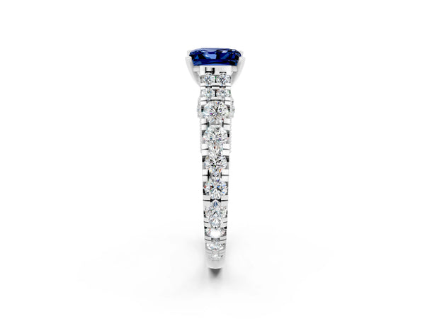 White gold Princess Cut Blue Sapphire Classic Solitaire Ring with Pavé Band and Four-Prong Setting