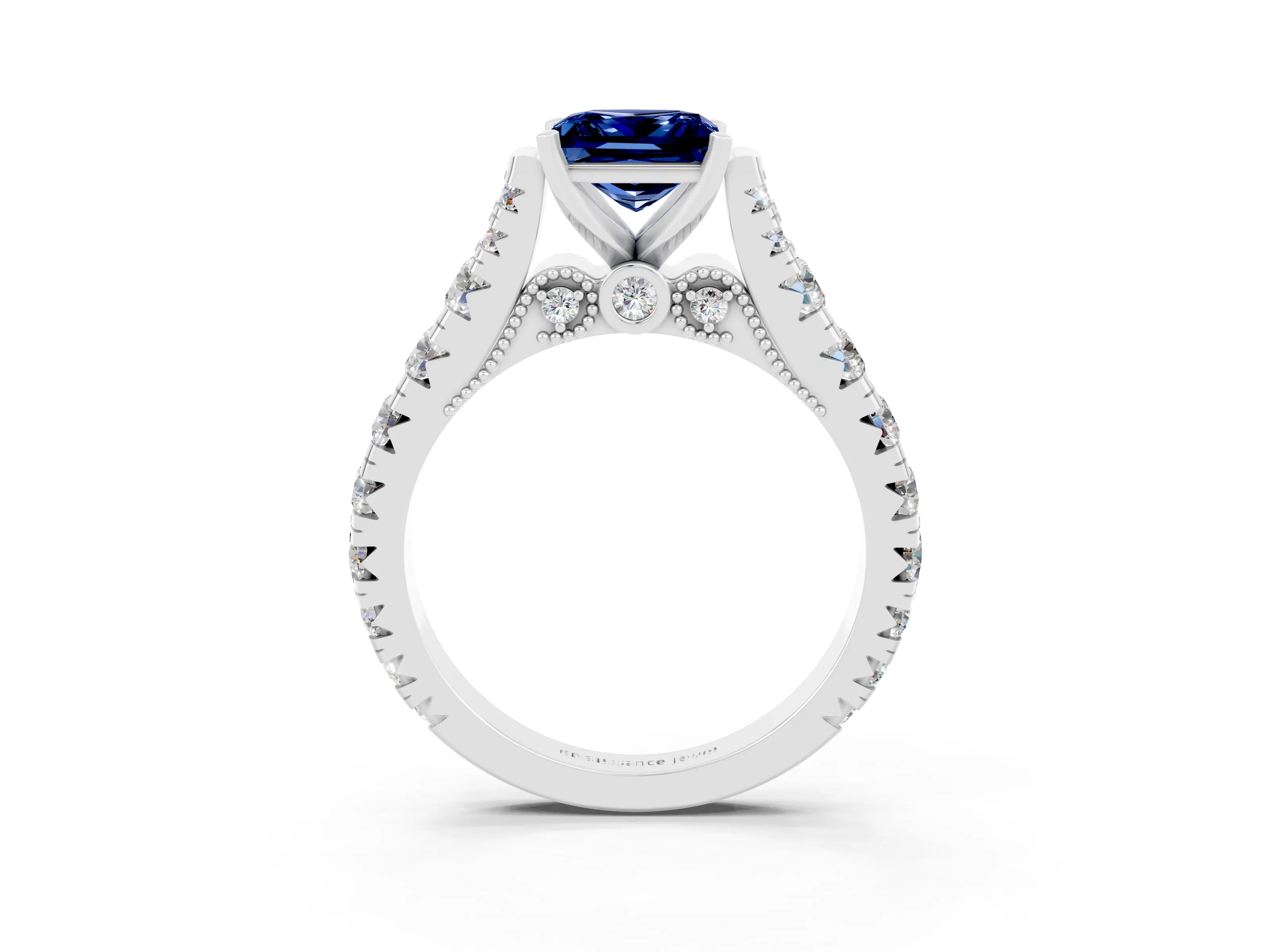 White gold Princess Cut Blue Sapphire Classic Solitaire Ring with Pavé Band and Four-Prong Setting_3