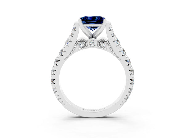 Silver Princess Cut Blue Sapphire Classic Solitaire Ring with Pavé Band and Four-Prong Setting