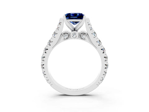 White gold Princess Cut Blue Sapphire Classic Solitaire Ring with Pavé Band and Four-Prong Setting_3