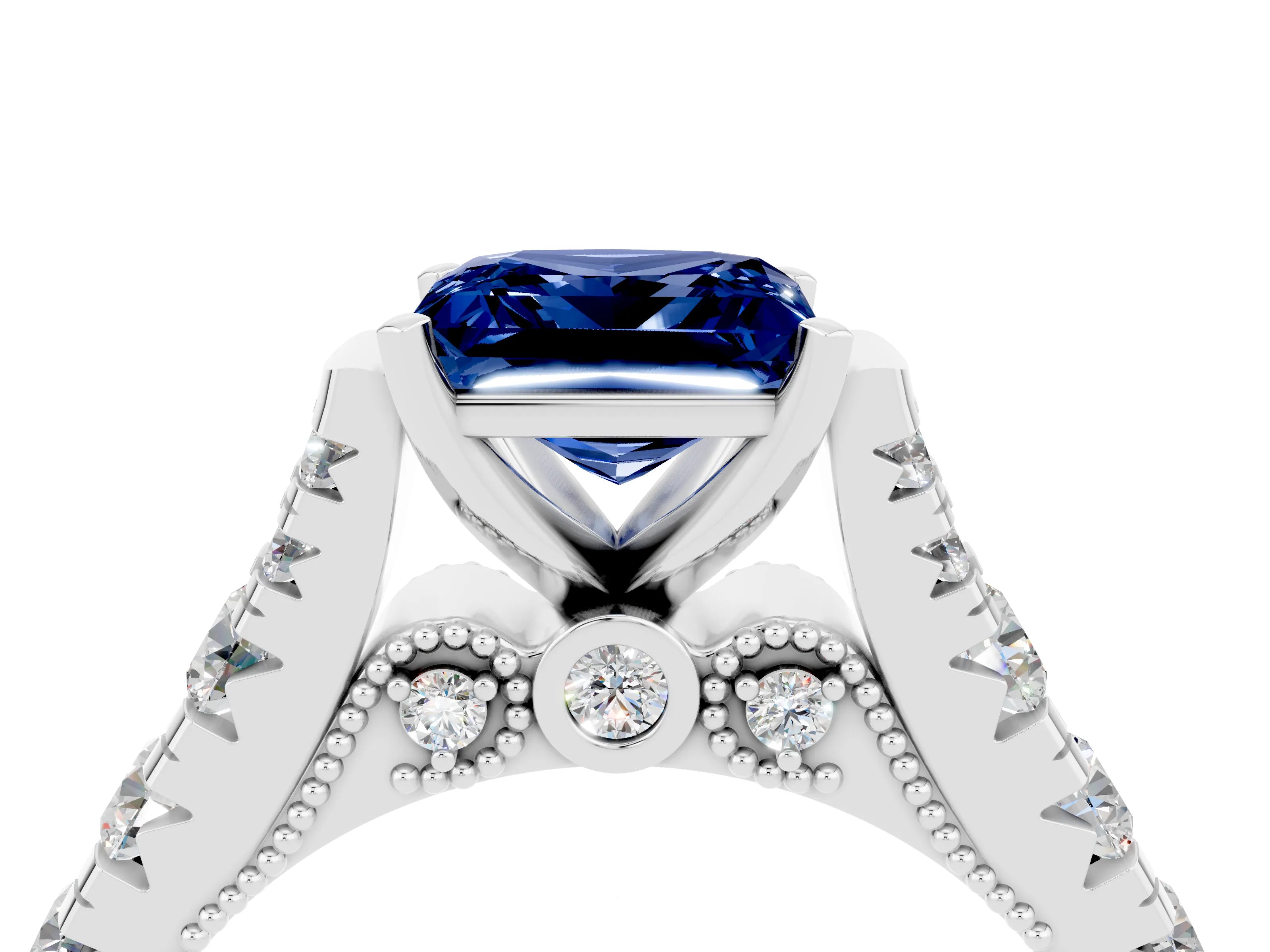White gold Princess Cut Blue Sapphire Classic Solitaire Ring with Pavé Band and Four-Prong Setting_4