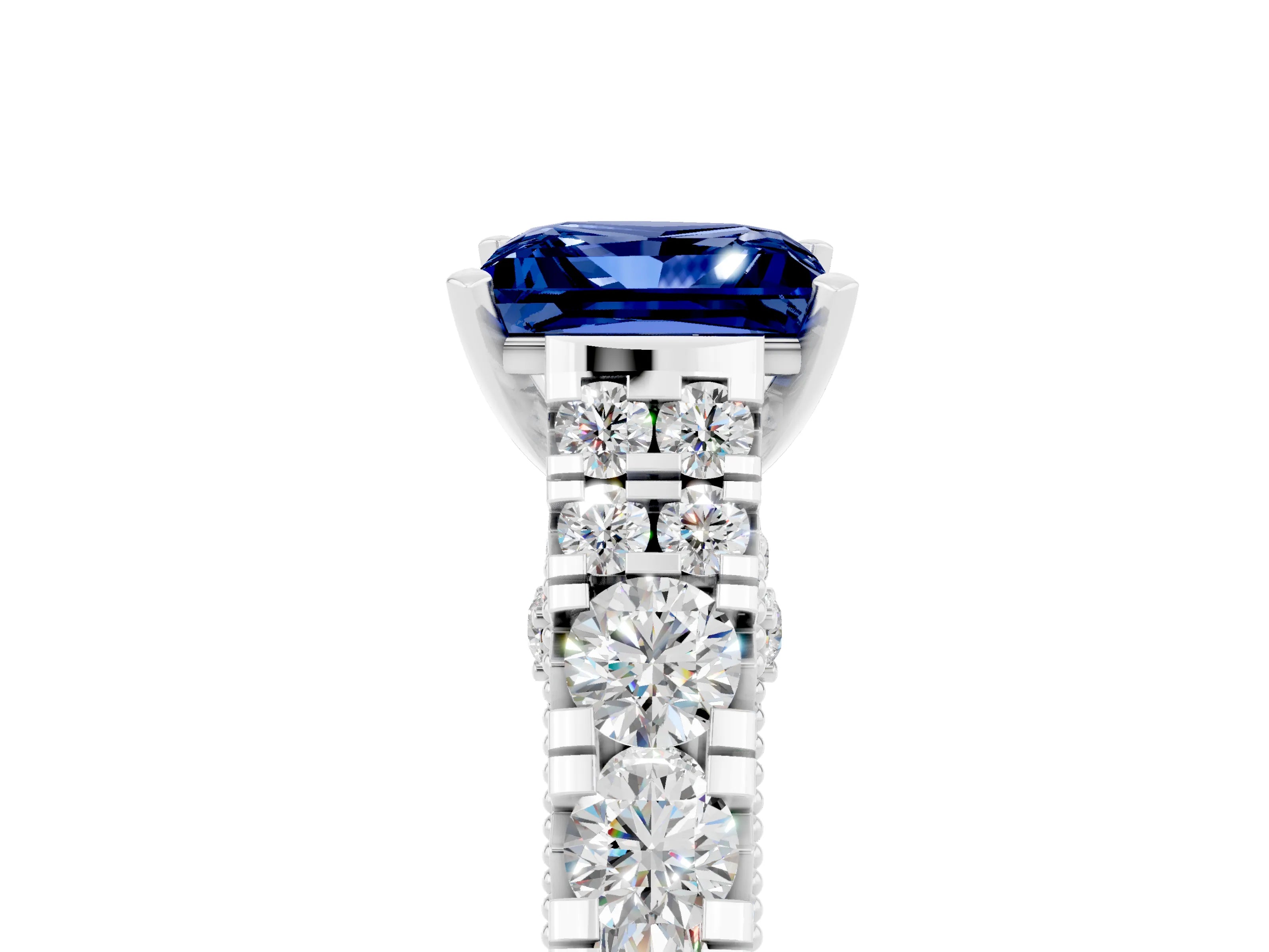 White gold Princess Cut Blue Sapphire Classic Solitaire Ring with Pavé Band and Four-Prong Setting_5