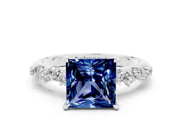 Platinum Princess Cut Blue Sapphire Cluster Side Stone Solitaire Ring with Prong Setting