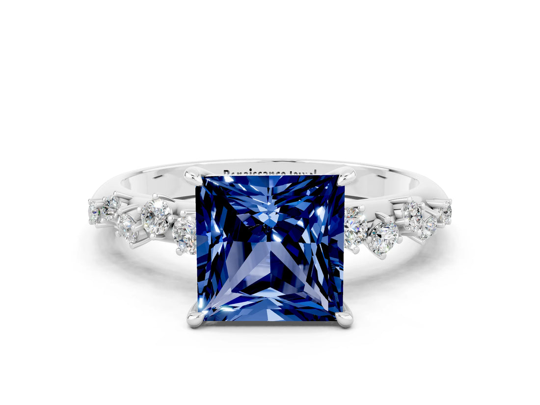 White gold Princess Cut Blue Sapphire Cluster Side Stone Solitaire Ring with Prong Setting_24