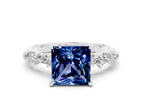 White gold Princess Cut Blue Sapphire Cluster Side Stone Solitaire Ring with Prong Setting_24